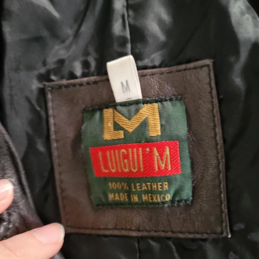 Luigui‎ M Genuine Leather Jacket RARE Vintage 90s Brown Collared Coat Women's